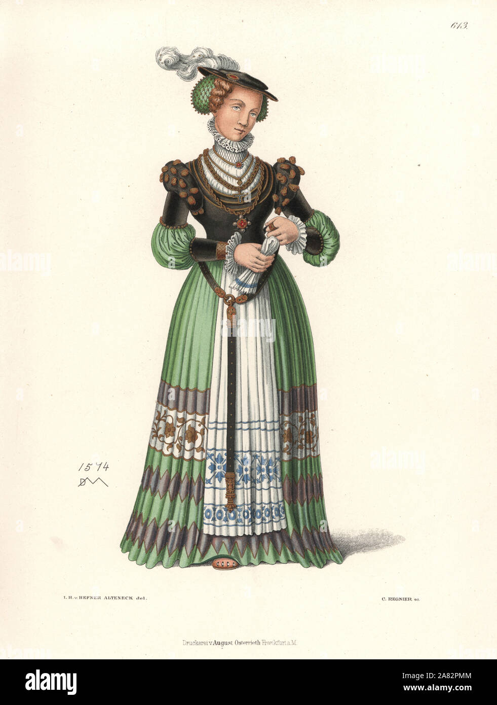Costume of a noble woman from a colour pen drawing by a German master with monogram DM, 1574. Chromolithograph from Hefner-Alteneck's Costumes, Artworks and Appliances from the Middle Ages to the 17th Century, Frankfurt, 1889. Illustration by Dr. Jakob Heinrich von Hefner-Alteneck, lithographed by C. Regnier. Dr. Hefner-Alteneck (1811-1903) was a German museum curator, archaeologist, art historian, illustrator and etcher. Stock Photo