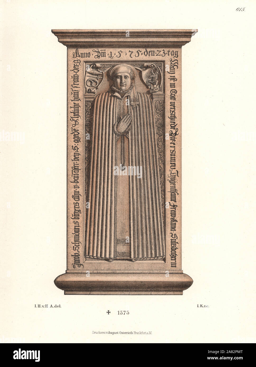 Gravestone of Anna Schmittner, died 1575, from the wall of St. Agatha Church in Aschaffenburg. Chromolithograph from Hefner-Alteneck's Costumes, Artworks and Appliances from the Middle Ages to the 17th Century, Frankfurt, 1889. Illustration by Dr. Jakob Heinrich von Hefner-Alteneck, lithographed by I. K. Dr. Hefner-Alteneck (1811-1903) was a German museum curator, archaeologist, art historian, illustrator and etcher. Stock Photo
