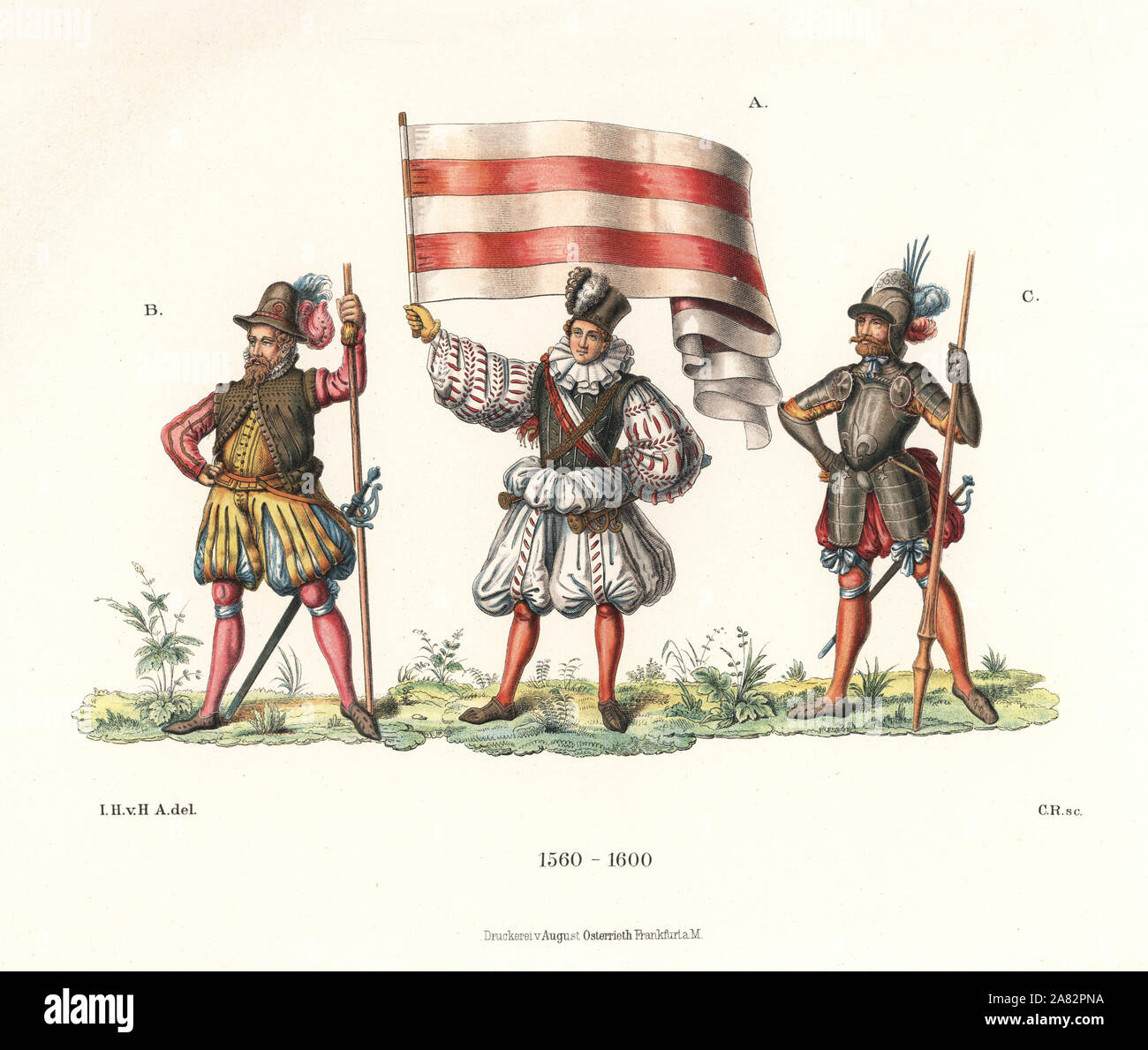 Young man in slashed doublet and hose with flag A, man in doublet and hose B, and man in armour and helmet, late 16th century. Chromolithograph from Hefner-Alteneck's Costumes, Artworks and Appliances from the Middle Ages to the 17th Century, Frankfurt, 1889. Illustration by Dr. Jakob Heinrich von Hefner-Alteneck, lithographed by C. Regnier. Dr. Hefner-Alteneck (1811-1903) was a German museum curator, archaeologist, art historian, illustrator and etcher. Stock Photo