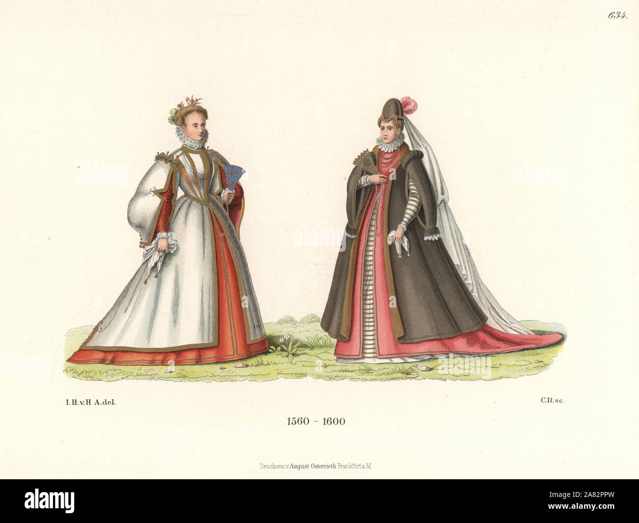 Spanish noblewomen in summer clothes (left) and winter clothes (right), late 16th century. Chromolithograph from Hefner-Alteneck's Costumes, Artworks and Appliances from the Middle Ages to the 17th Century, Frankfurt, 1889. Illustration by Dr. Jakob Heinrich von Hefner-Alteneck, lithographed by C. Regnier. Dr. Hefner-Alteneck (1811-1903) was a German museum curator, archaeologist, art historian, illustrator and etcher. Stock Photo