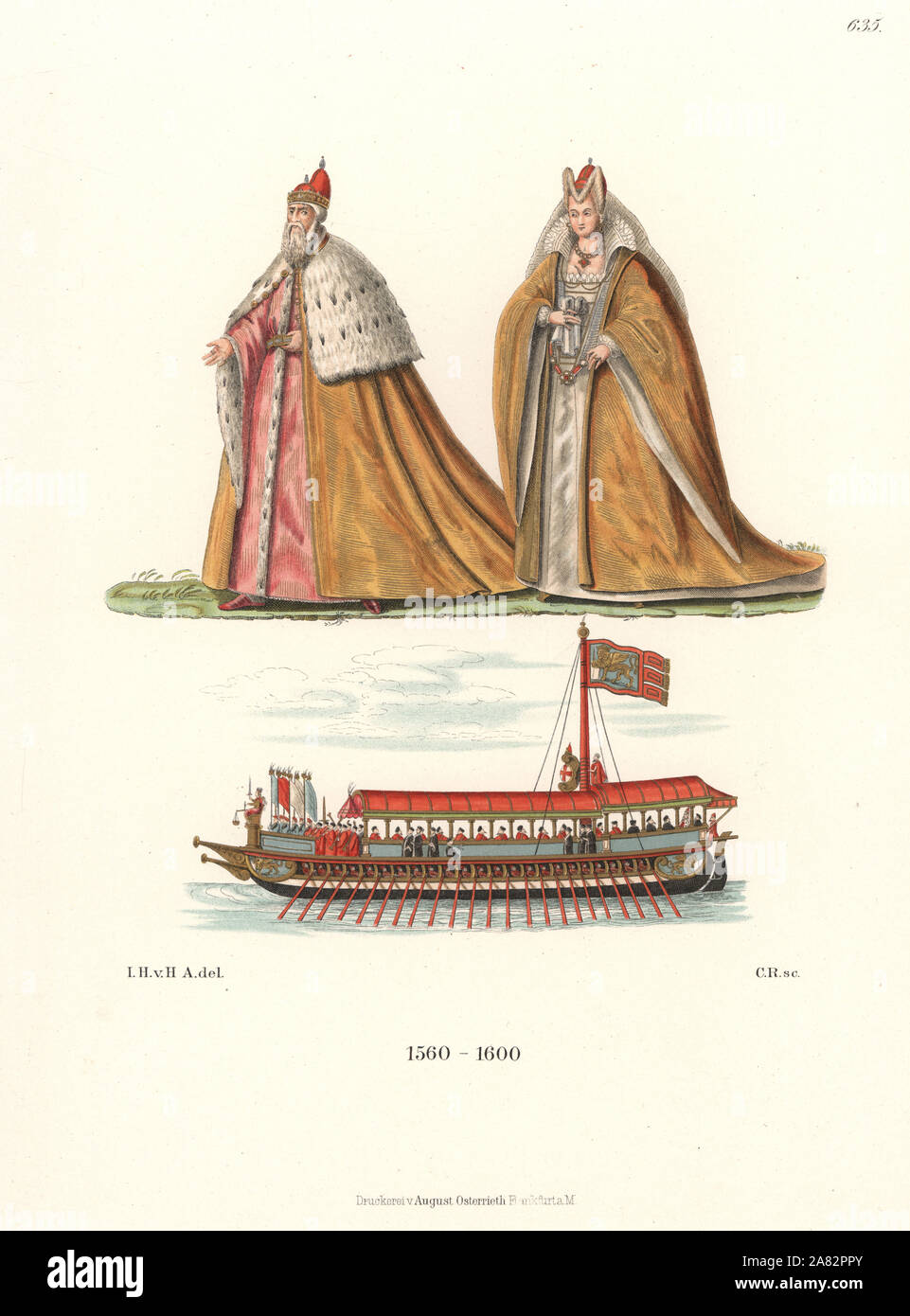 Doge and Dogaressa of Venice, and the state barge or bucentaur, 16th century. Chromolithograph from Hefner-Alteneck's Costumes, Artworks and Appliances from the Middle Ages to the 17th Century, Frankfurt, 1889. Illustration by Dr. Jakob Heinrich von Hefner-Alteneck, lithographed by C. Regnier. Dr. Hefner-Alteneck (1811-1903) was a German museum curator, archaeologist, art historian, illustrator and etcher. Stock Photo