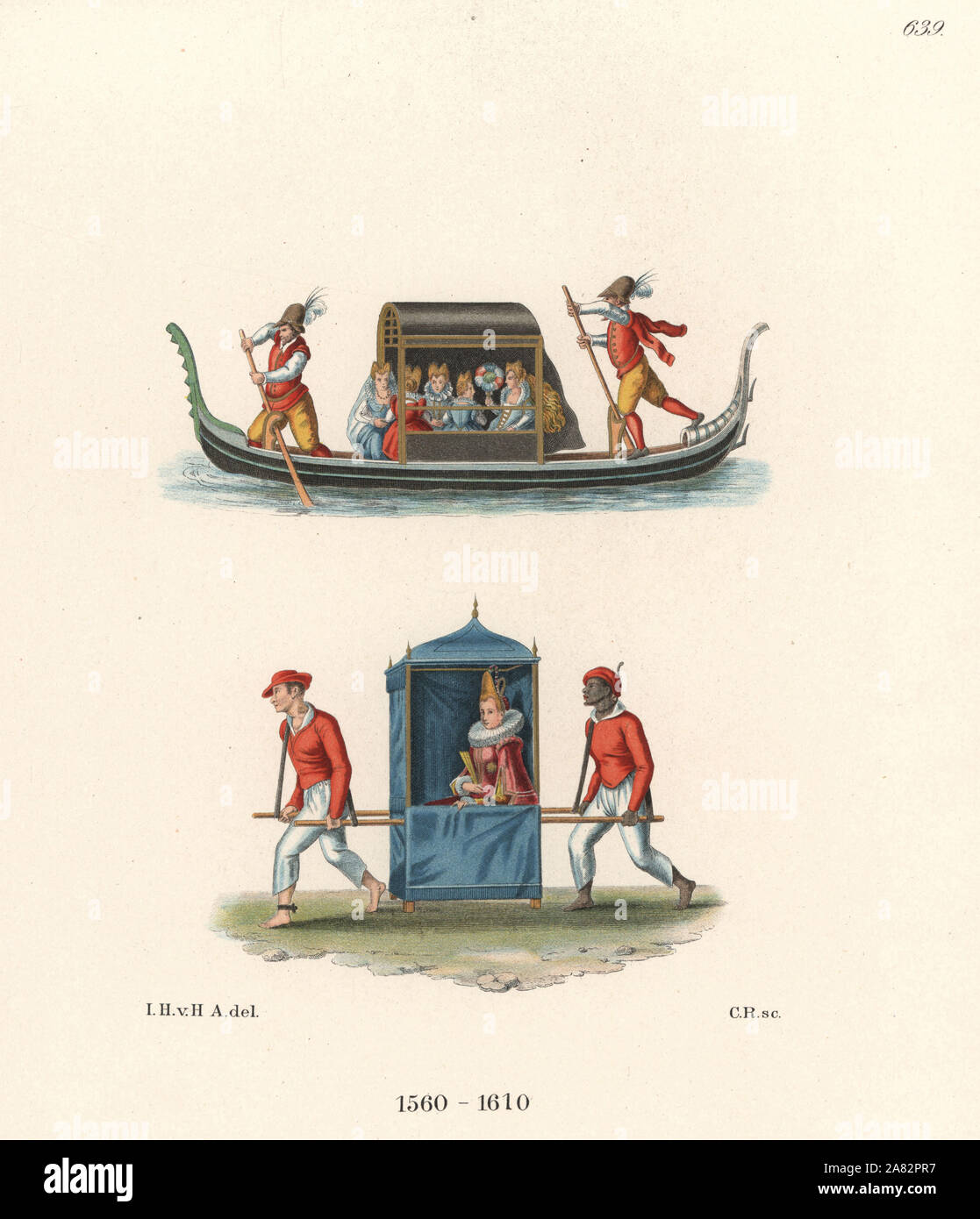 Women riding a Venetian gondola, and Napolitan woman in sedan chair carried by slaves. Chromolithograph from Hefner-Alteneck's Costumes, Artworks and Appliances from the Middle Ages to the 17th Century, Frankfurt, 1889. Illustration by Dr. Jakob Heinrich von Hefner-Alteneck, lithographed by C. Regnier. Dr. Hefner-Alteneck (1811-1903) was a German museum curator, archaeologist, art historian, illustrator and etcher. Stock Photo