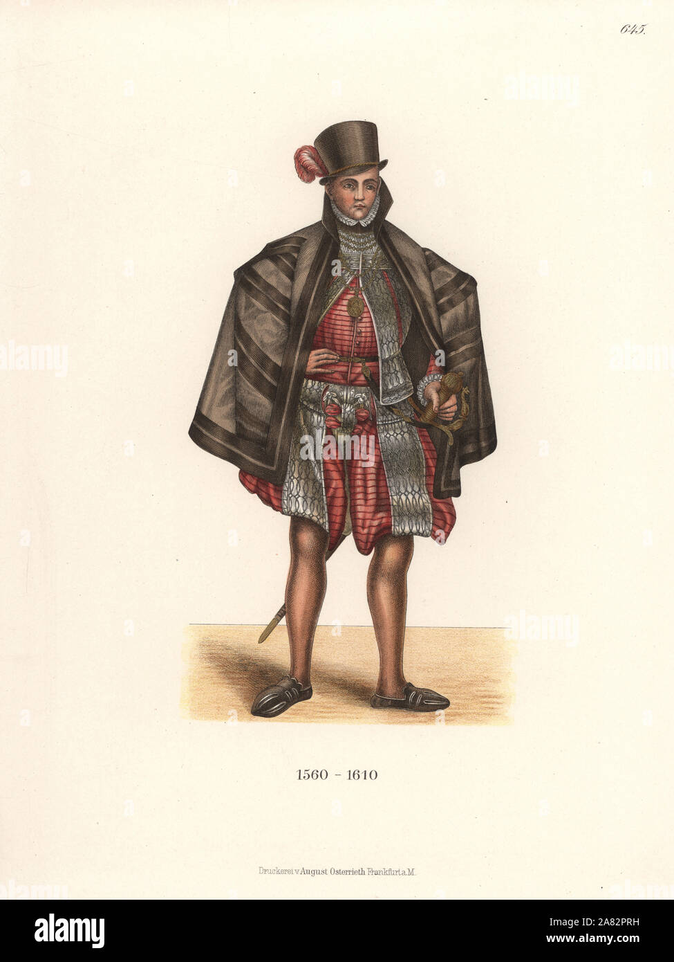 Young Furst or nobleman in his student days, wearing precious hat, doublet, hose and cape. From a lifesize oil painting in Nuremburg Museum. Chromolithograph from Hefner-Alteneck's Costumes, Artworks and Appliances from the Middle Ages to the 17th Century, Frankfurt, 1889. Dr. Jakob Heinrich von Hefner-Alteneck (1811-1903) was a German museum curator, archaeologist, art historian, illustrator and etcher. Stock Photo
