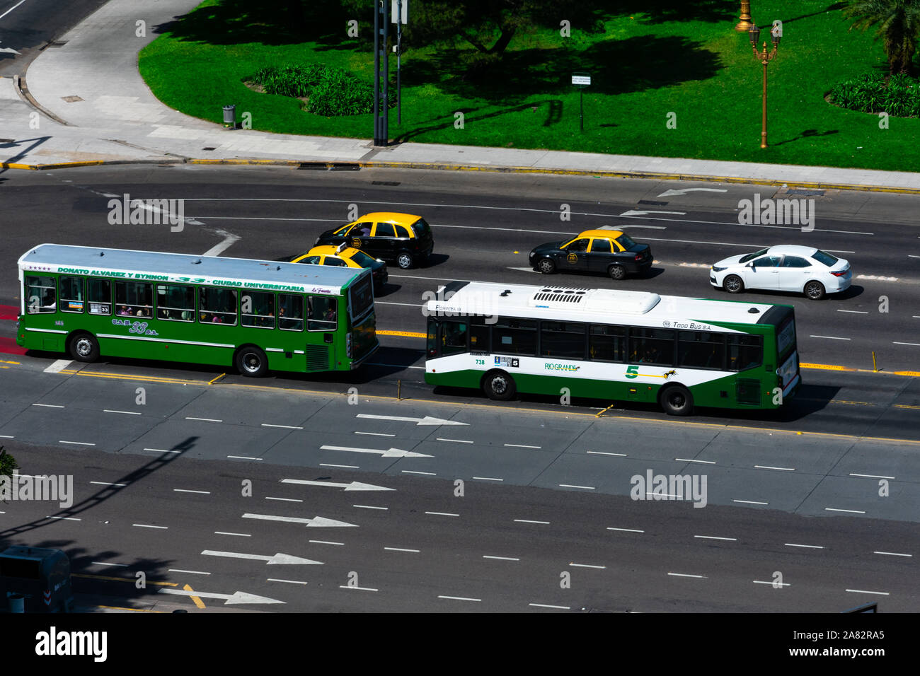 Buenos Aires, Argentina. October 26, 2019. View of two typical public transport buses (Colectivos) Stock Photo