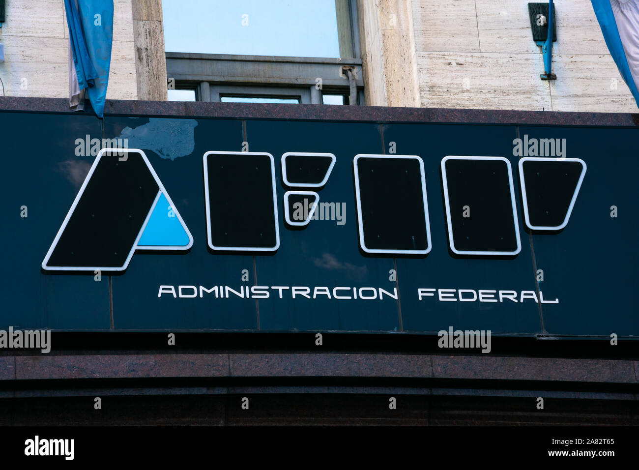 Buenos Aires, Argentina. October 26, 2019. Federal Administration of Public Income sign (Administracion Federal de Ingresos Publicos) usually shortene Stock Photo