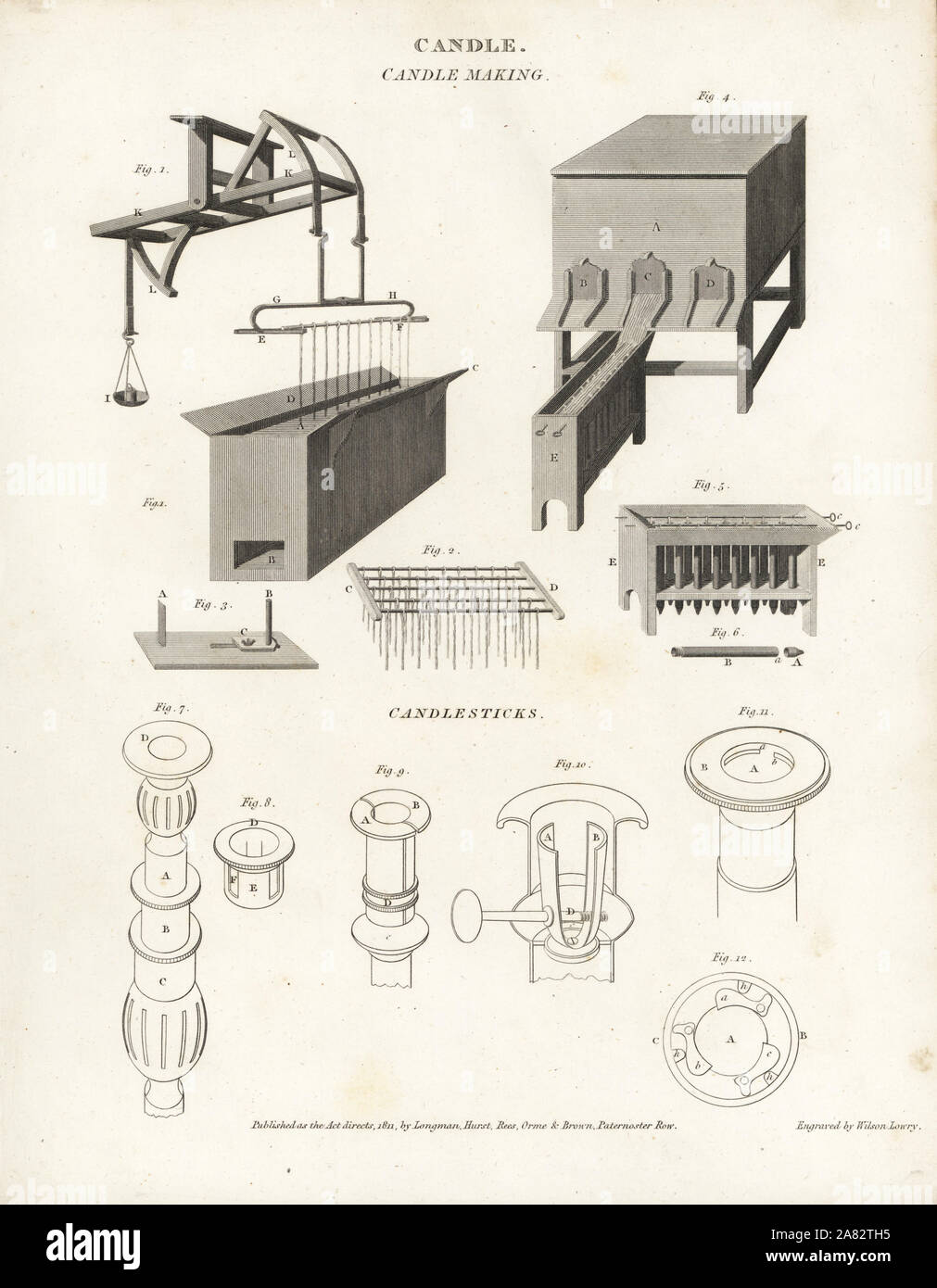 Candle-making equipment: dipping apparatus 1, wick broach 2, cotton-cutting machine 3, tallow cistern for mould candles 4, mould frame 5, mould 6 and candlesticks 7-12. Copperplate engraving by Wilson Lowry from Abraham Rees' Cyclopedia or Universal Dictionary of Arts, Sciences and Literature, Longman, Hurst, Rees, Orme and Brown, London, 1812. Stock Photo