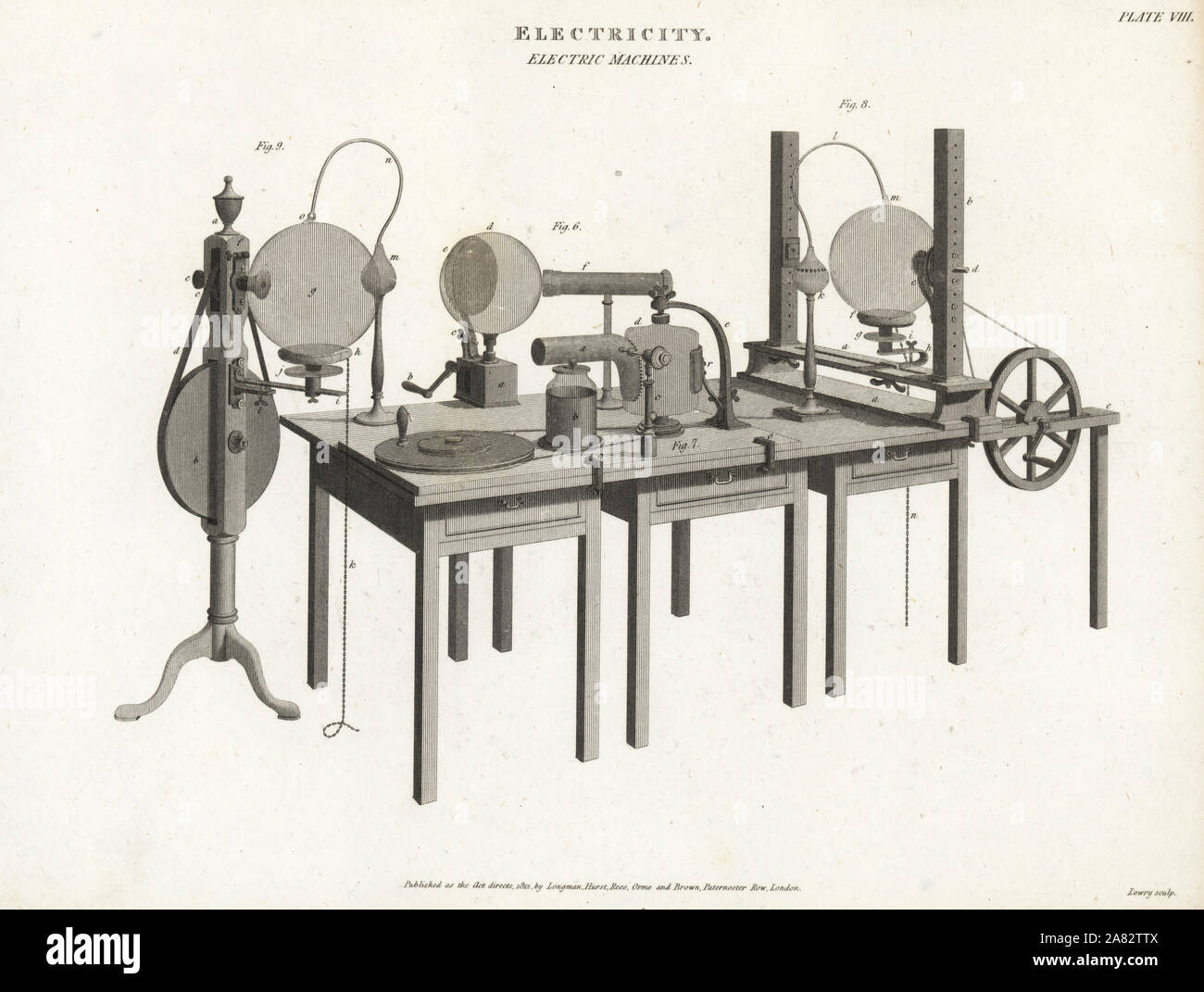 Electrical machines, 18th century. Copperplate engraving by Wilson Lowry from Abraham Rees' Cyclopedia or Universal Dictionary of Arts, Sciences and Literature, Longman, Hurst, Rees, Orme and Brown, London, 1812. Stock Photo