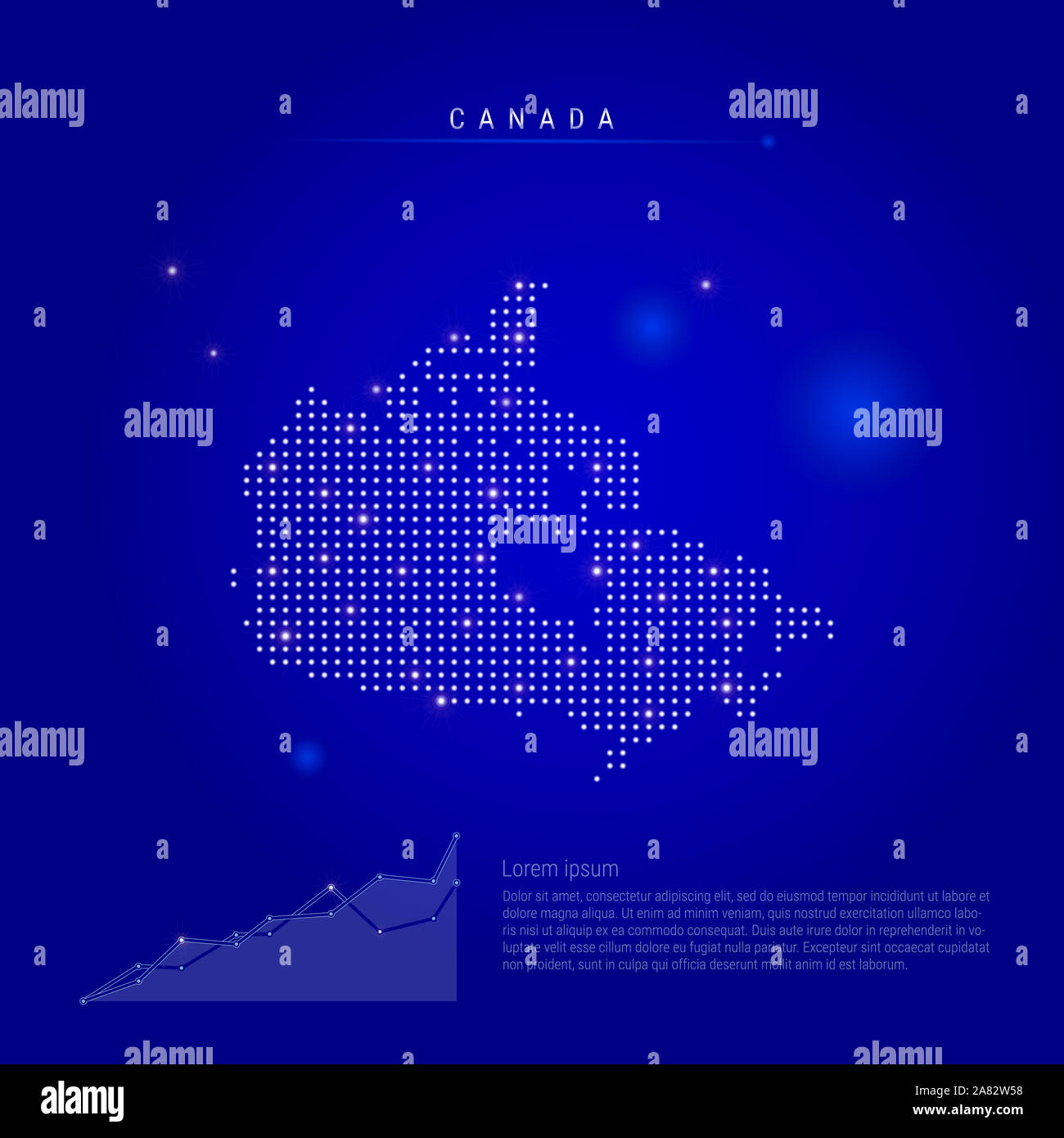 Canada illuminated map with glowing dots. Dark blue space background. illustration. Growing chart, lorem ipsum text. Stock Photo