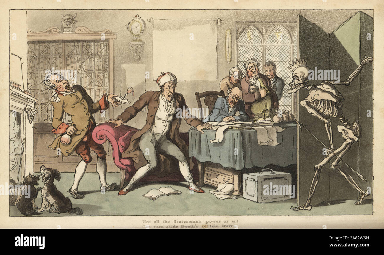 The statesman in his office is surprised by the skeletal figure of Death with his crown and dart emerging from behind a screen. Handcoloured copperplate drawn and engraved by Thomas Rowlandson from The English Dance of Death, Ackermann, London, 1816. Stock Photo