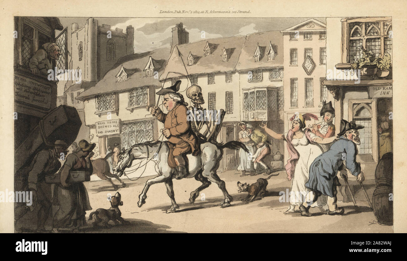 The skeleton of Death rides on a horse with a quack doctor, while only the village undertaker laments his death. Handcoloured copperplate drawn and engraved by Thomas Rowlandson from The English Dance of Death, Ackermann, London, 1816. Stock Photo