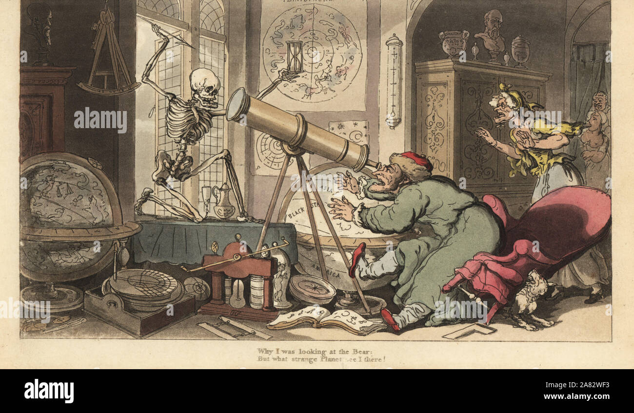 The skeleton of Death appears before the telescope of the old astronomer, causing him to fall out of his chair. Handcoloured copperplate drawn and engraved by Thomas Rowlandson from The English Dance of Death, Ackermann, London, 1816. Stock Photo