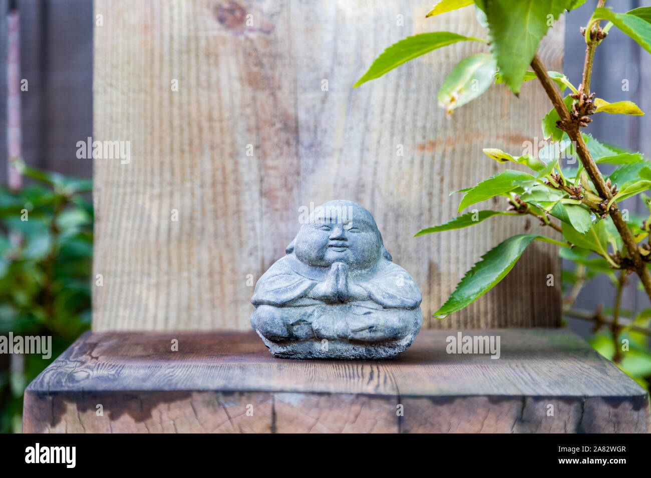 Thai style stone Buddha with praying hands in a zen setting Stock Photo