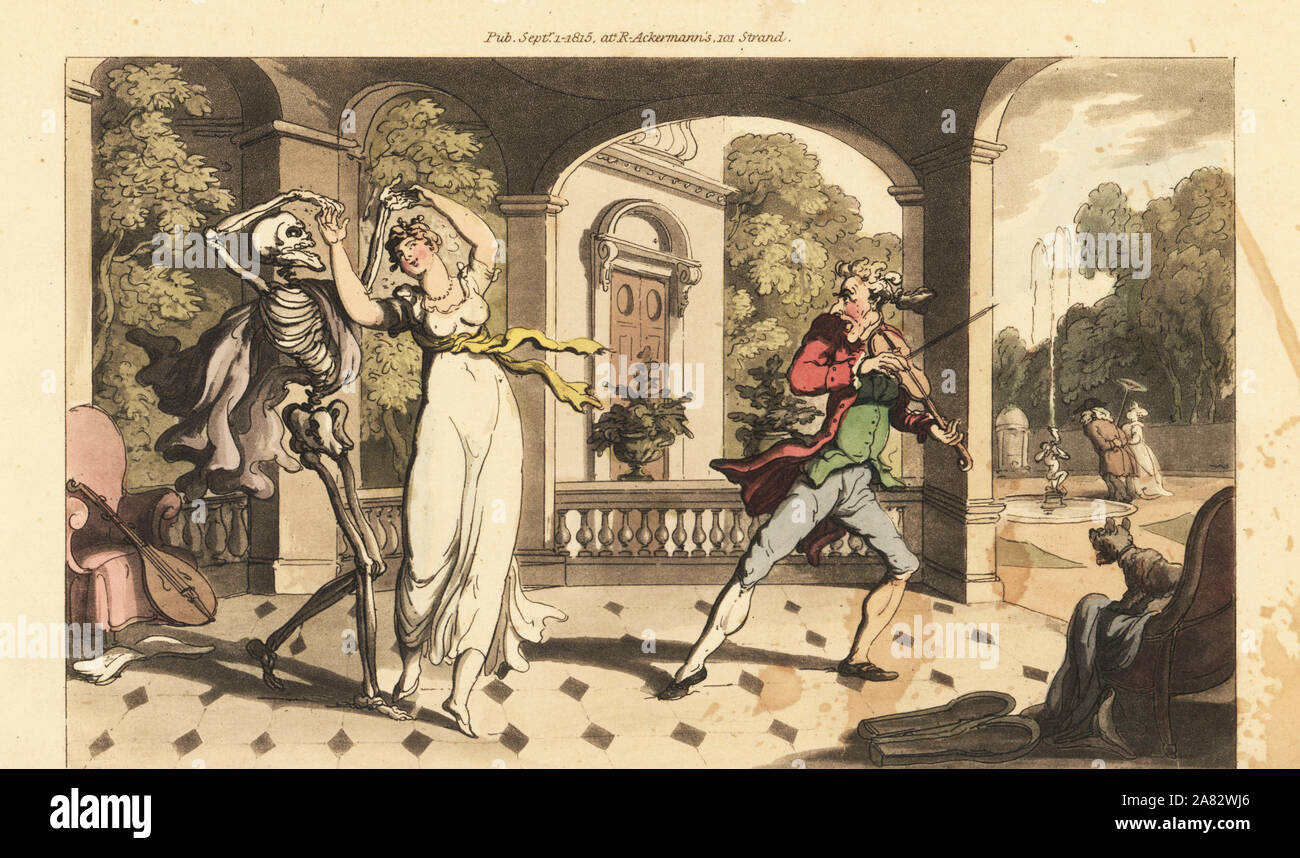 The skeleton of Death in a cape dances a final waltz with fragile Caelia, as her dance tutor looks aghast. Handcoloured copperplate drawn and engraved by Thomas Rowlandson from The English Dance of Death, Ackermann, London, 1816. Stock Photo