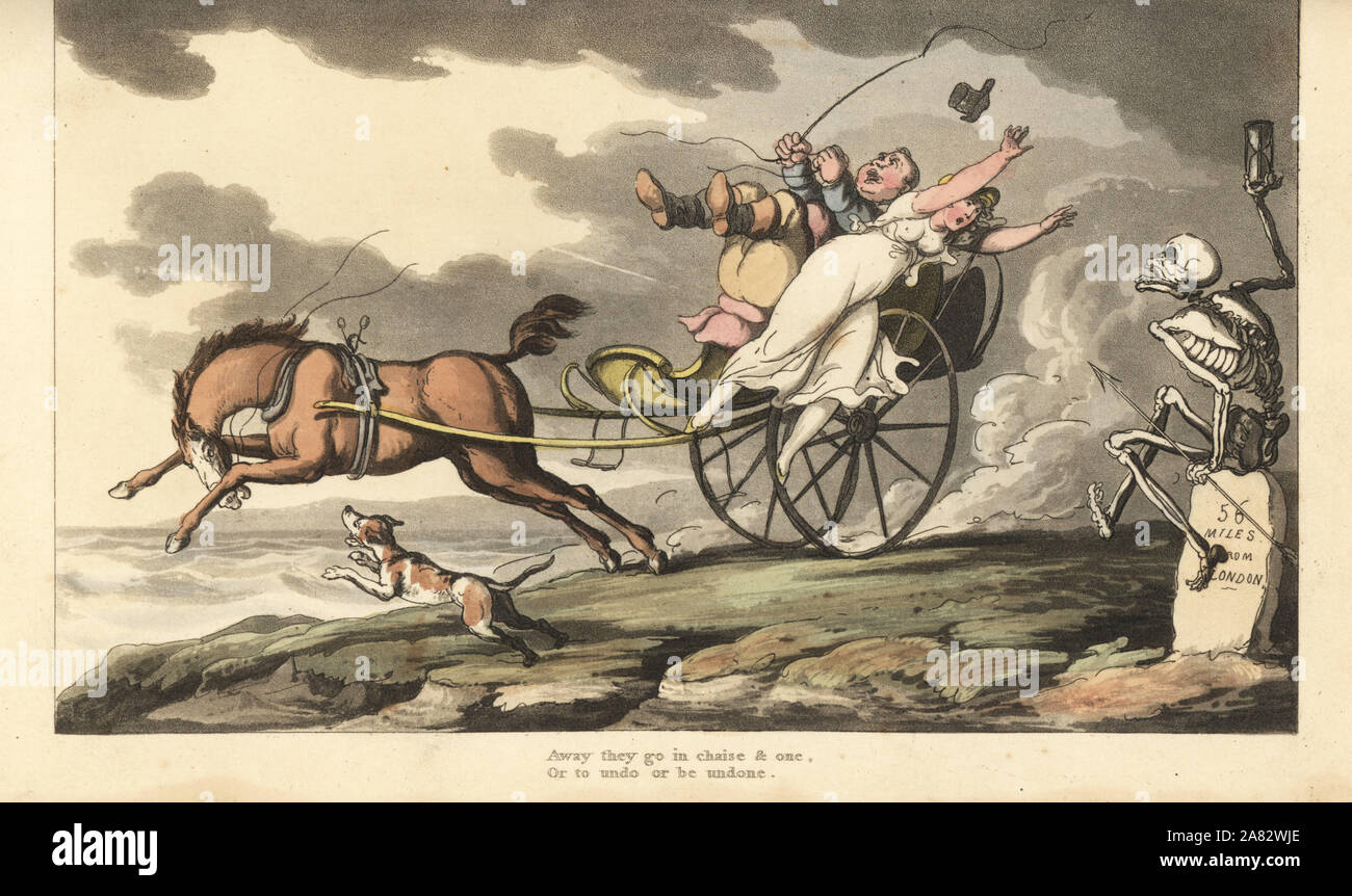 The skeleton of Death sits on a milestone to watch as a fast gig with husband and wife crashes on Shooter's Hill. Handcoloured copperplate drawn and engraved by Thomas Rowlandson from The English Dance of Death, Ackermann, London, 1816. Stock Photo