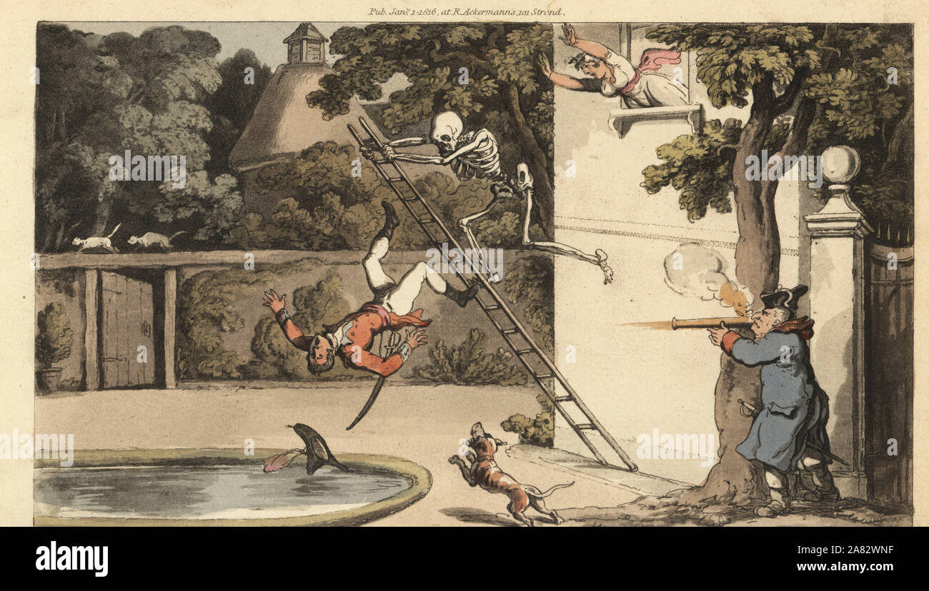 The skeleton of Death pushes a ladder away from a wall killing a gallant suitor as he tries to elope with a beauty. The girl's father shoots a musket at the falling man. Handcoloured copperplate drawn and engraved by Thomas Rowlandson from The English Dance of Death, Ackermann, London, 1816. Stock Photo