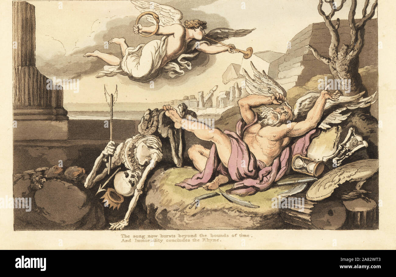 The skeleton of Death and Father Time sprawl beneath the angel of Eternity. Handcoloured copperplate drawn and engraved by Thomas Rowlandson from The English Dance of Death, Ackermann, London, 1816. Stock Photo
