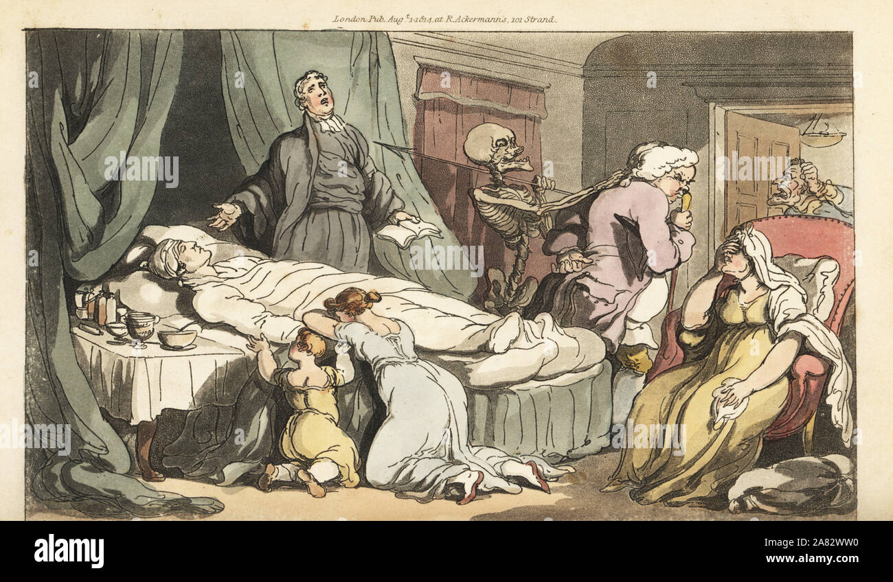 The skeleton of Death comes for the Doctor, as the priest prays over the dead body of a Good Man mourned by his wife and child. Handcoloured copperplate drawn and engraved by Thomas Rowlandson from The English Dance of Death, Ackermann, London, 1816. Stock Photo