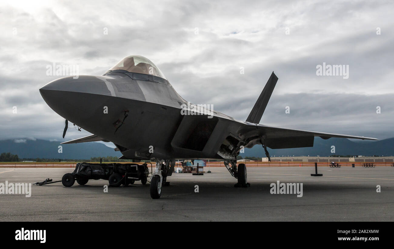 A United States Air Force F-22 Raptor sits on static display at the 2018 Arctic Thunder Airshow. Stock Photo