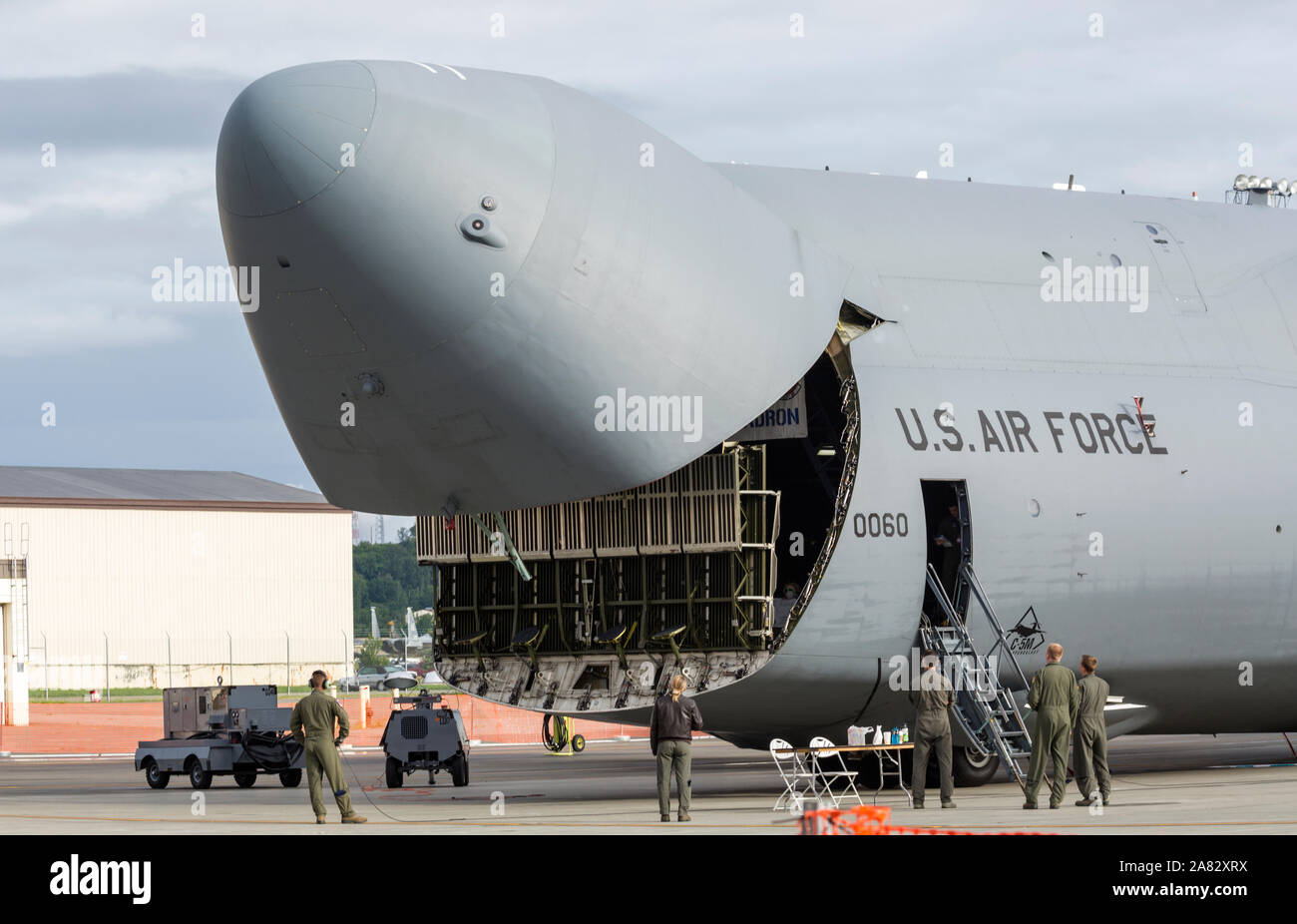 A United States Air Force C-5 Galaxy sits on static display at the 2018 Arctic Thunder Airshow. Stock Photo