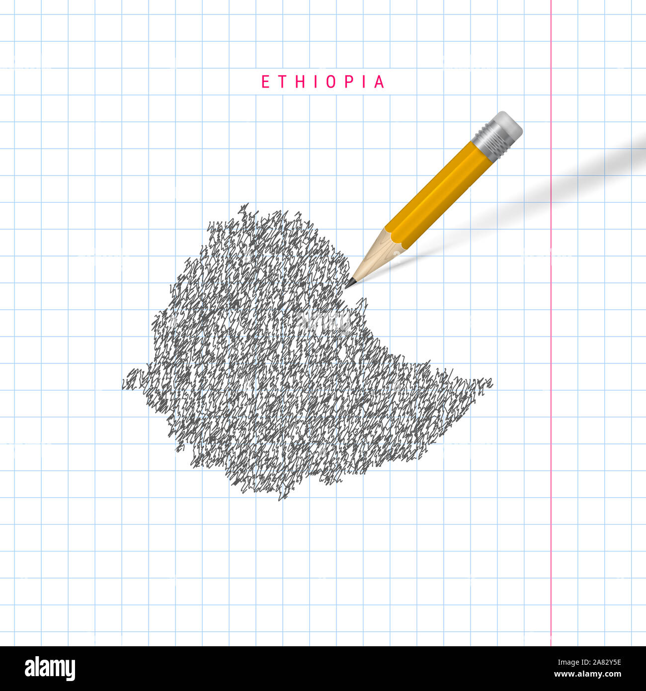 Ethiopia sketch scribble map drawn on checkered school notebook paper ...