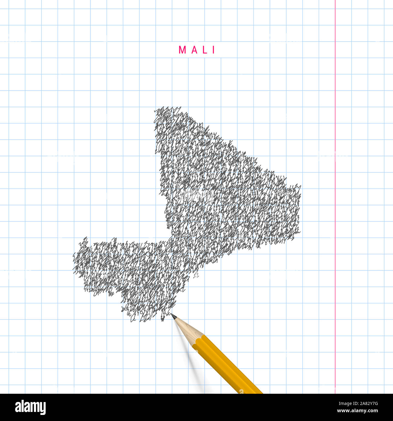 Mali sketch scribble map drawn on checkered school notebook paper ...