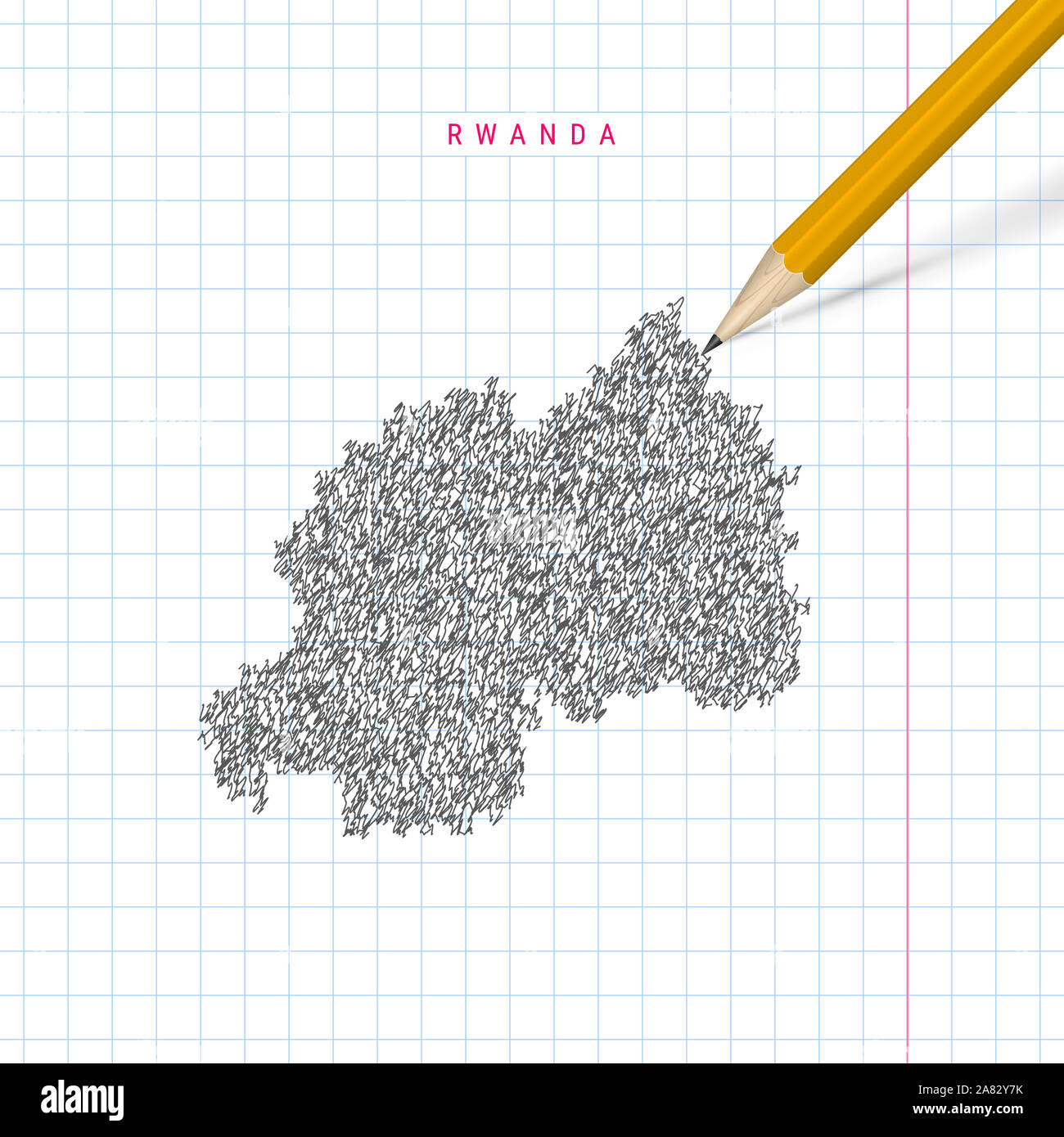 Rwanda sketch scribble map drawn on checkered school notebook paper ...
