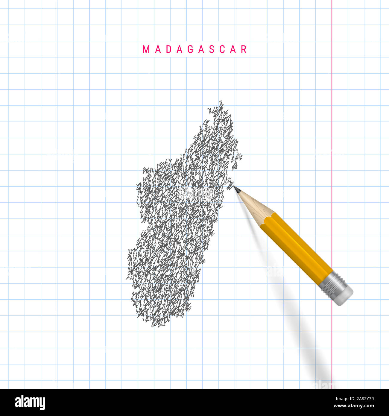 Madagascar sketch scribble map drawn on checkered school notebook paper ...