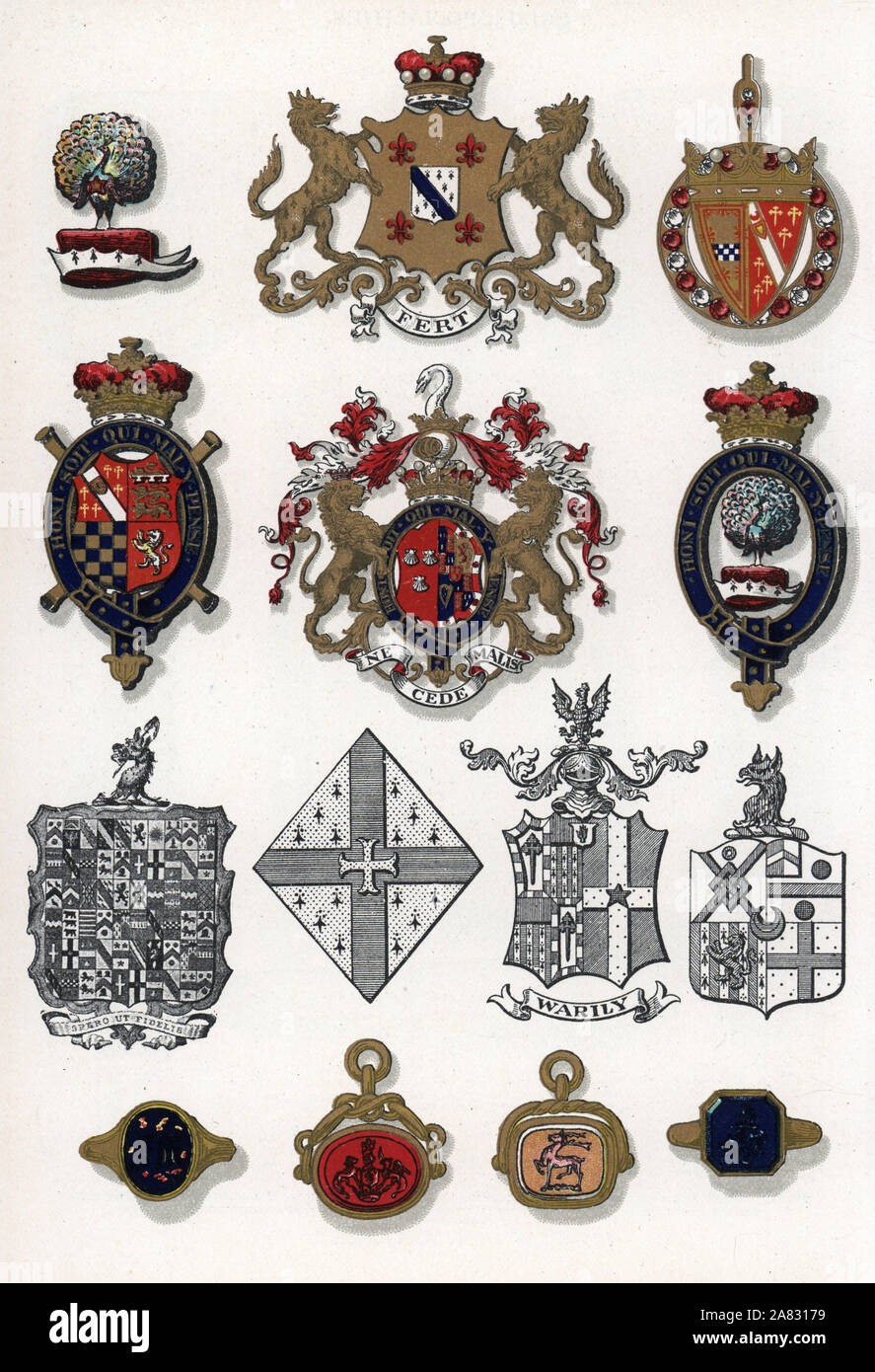 Heraldic crests, rings and brooches in enamel and gold. Chromolithograph from Edwin Streeter's Gems Catalog, Bond Street, London, circa 1895. Stock Photo