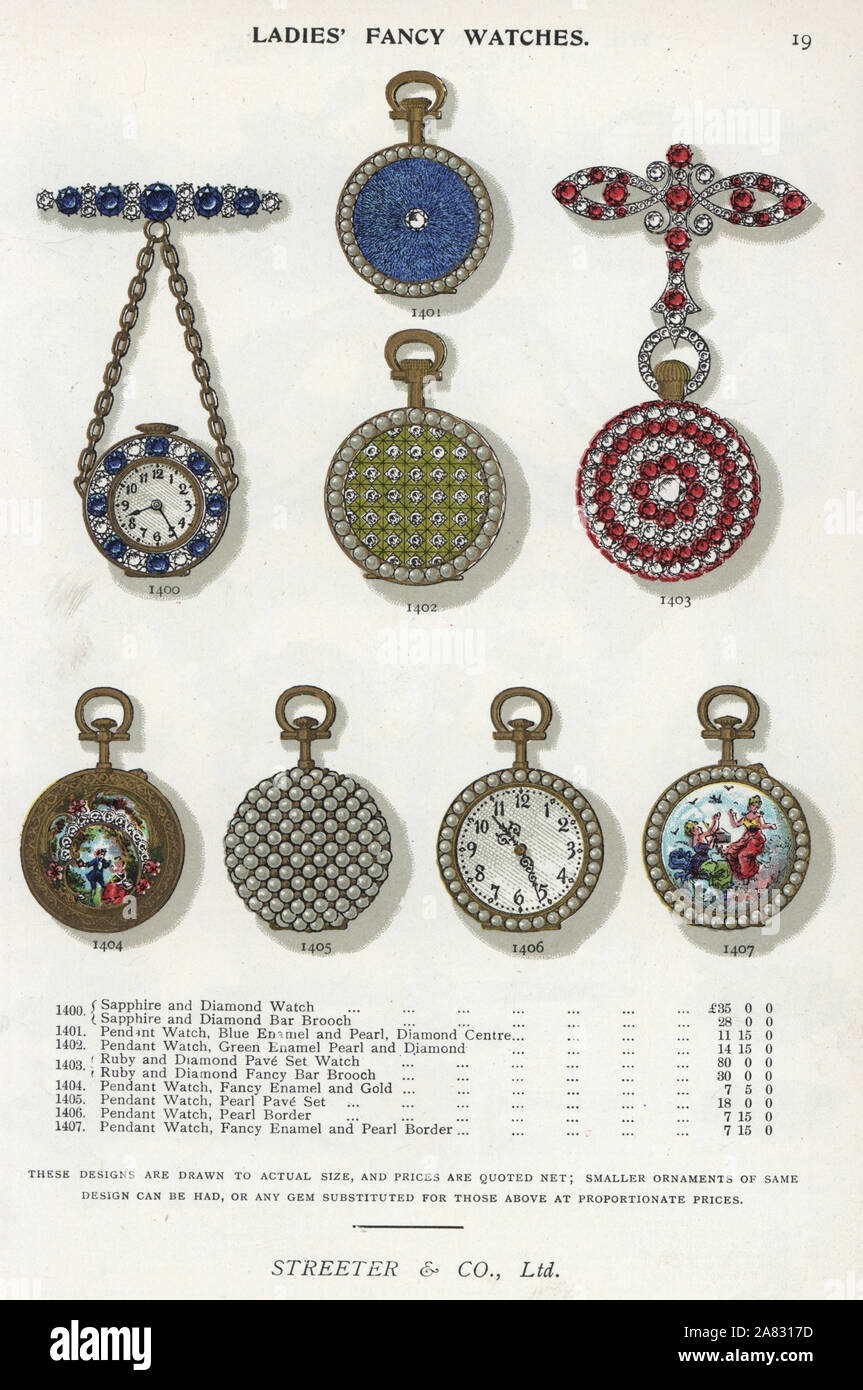 Ladies fancy watches with sapphire, ruby, diamond, enamel and gold. Chromolithograph from Edwin Streeter's Gems Catalog, Bond Street, London, circa 1895. Stock Photo