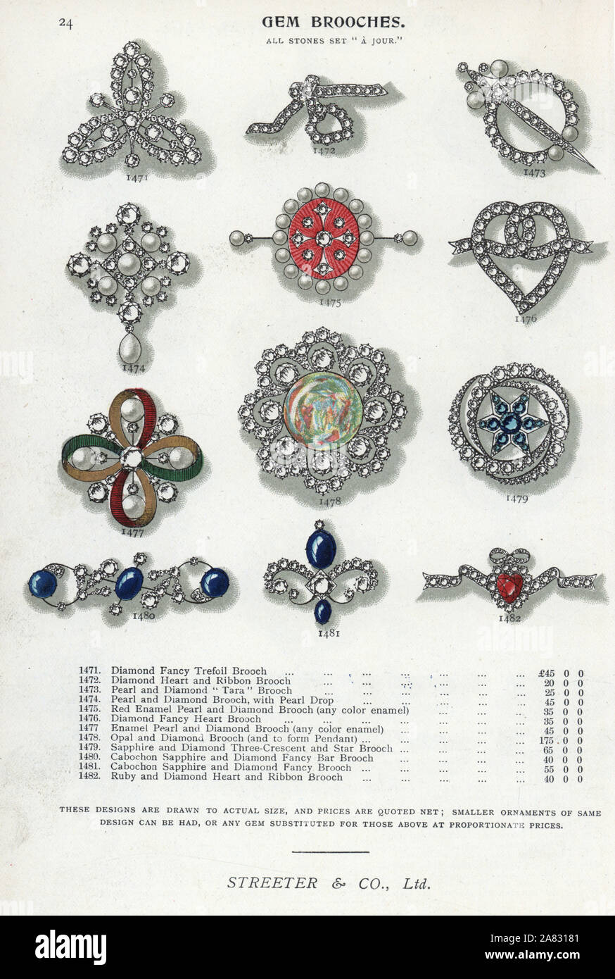 Gem brooches in diamond, pearl, enamel, opal and sapphire. Chromolithograph from Edwin Streeter's Gems Catalog, Bond Street, London, circa 1895. Stock Photo