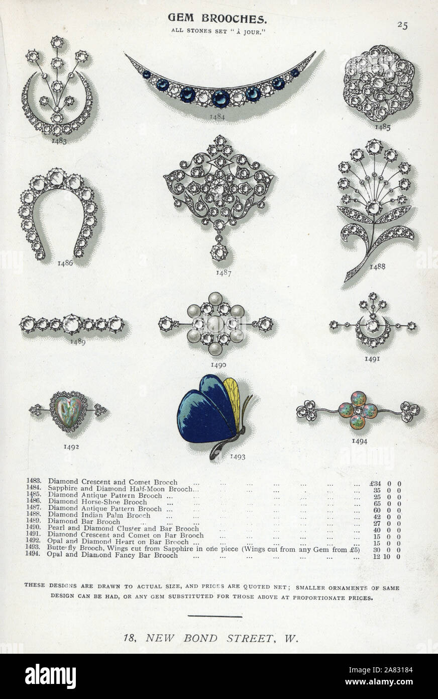 Gem brooches in diamond, pearl, opal and sapphire. Chromolithograph