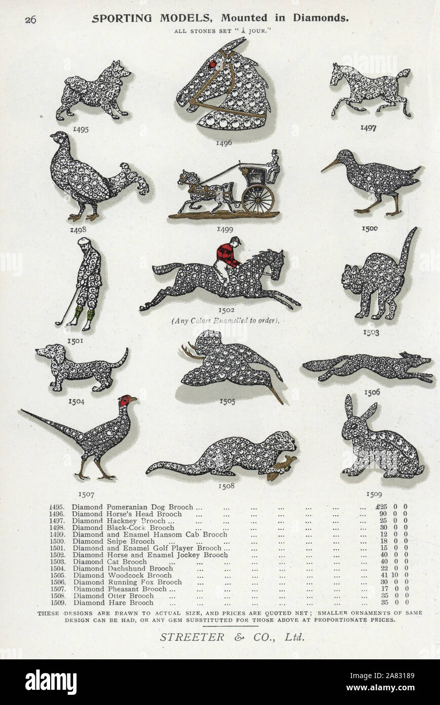 Sporting brooches mounted in diamonds: dog, horse, hansom cab, pheasant, and cat. Chromolithograph from Edwin Streeter's Gems Catalog, Bond Street, London, circa 1895. Stock Photo