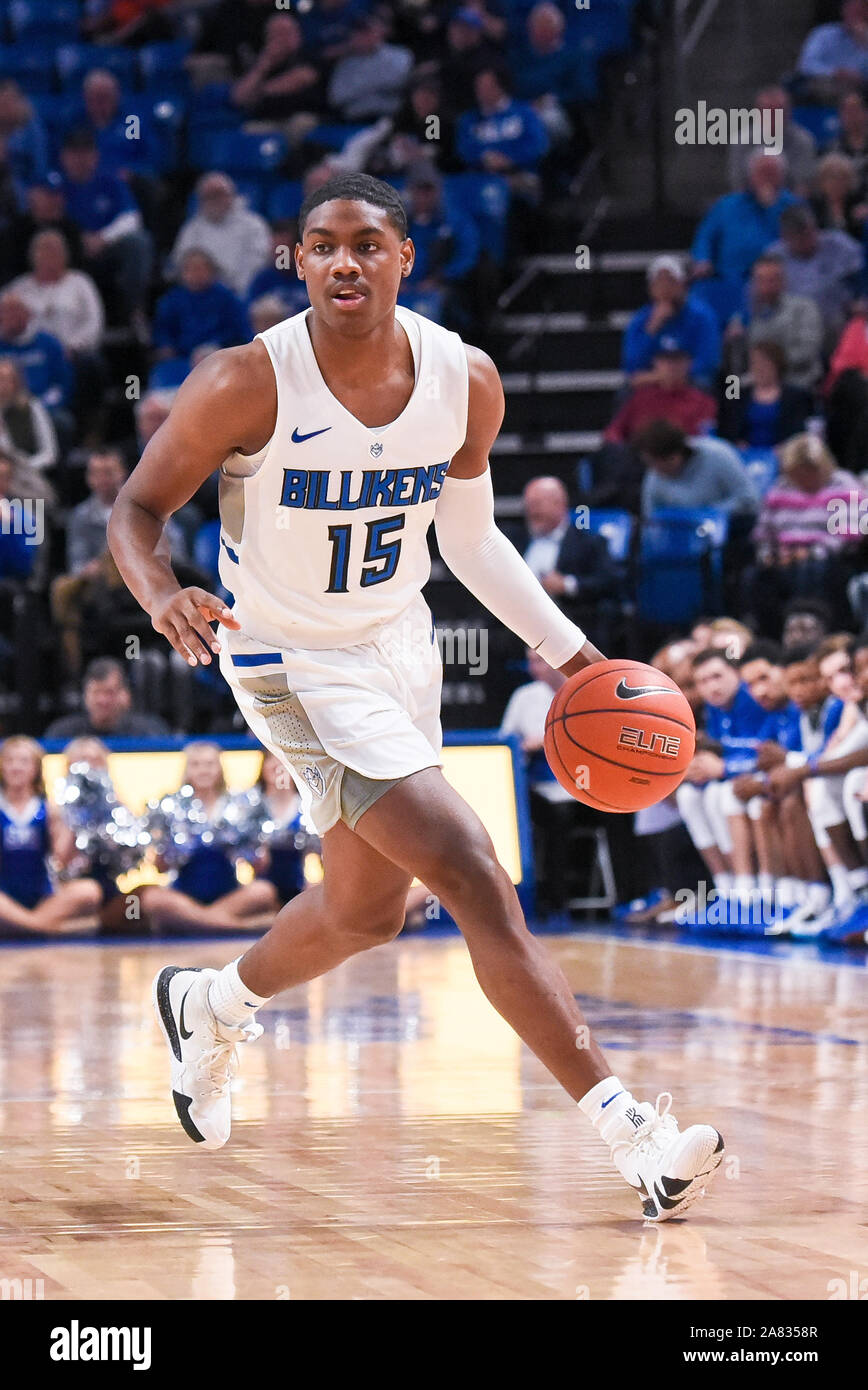 Nov 05, 2019: Saint Louis Billikens guard Demarius Jacobs (15) dribbles the ball looking for a play during a regular season game where the Florida Gulf Coast Eagles visited the St. Louis Billikens. Held at Chaifetz Arena in St. Louis, MO Richard Ulreich/CSM Stock Photo