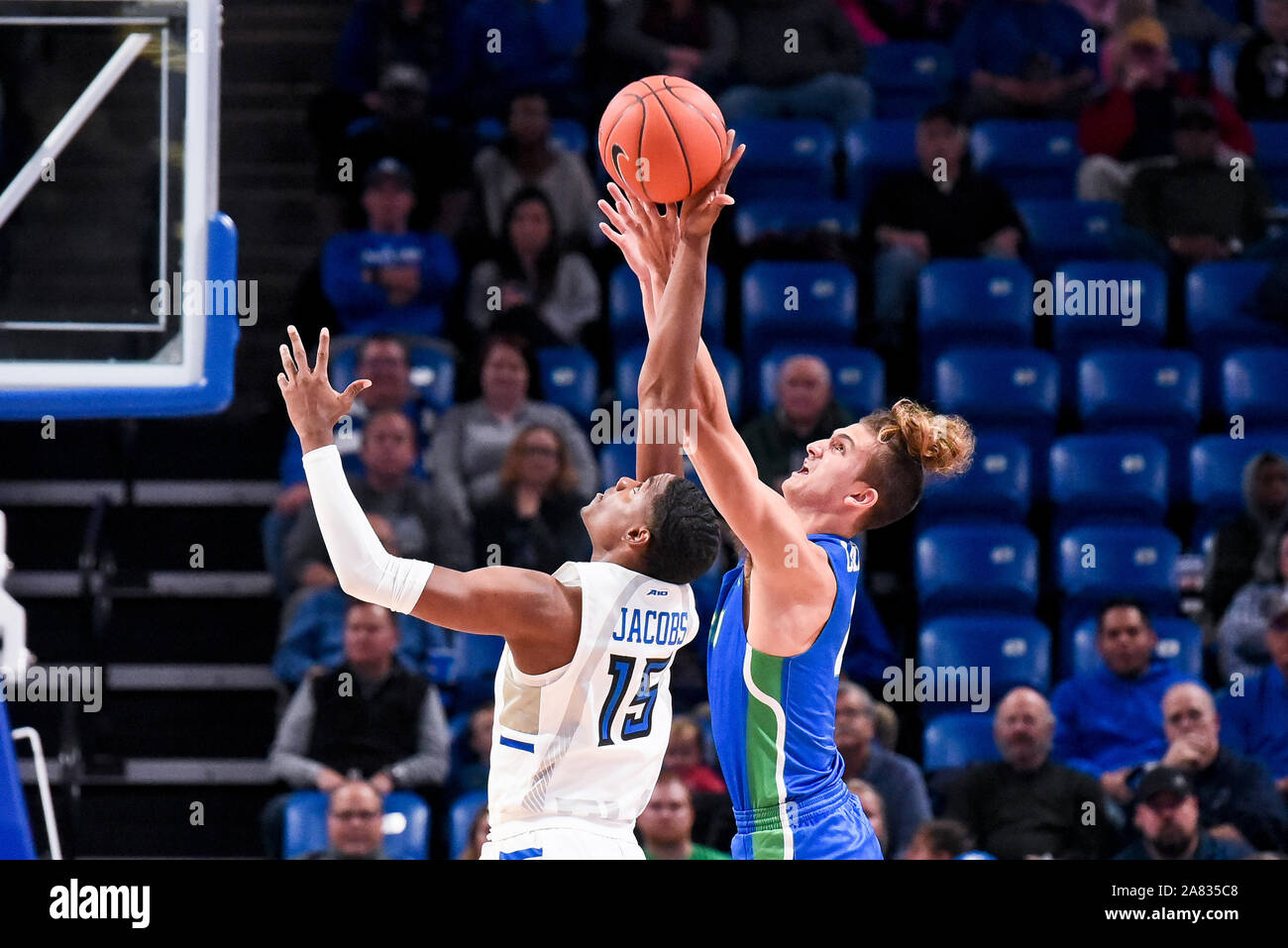 Nov 05, 2019: Saint Louis Billikens guard Demarius Jacobs (15) knocks away the long pas for Florida Gulf Coast Eagles guard Caleb Catto (2) during a regular season game where the Florida Gulf Coast Eagles visited the St. Louis Billikens. Held at Chaifetz Arena in St. Louis, MO Richard Ulreich/CSM Stock Photo