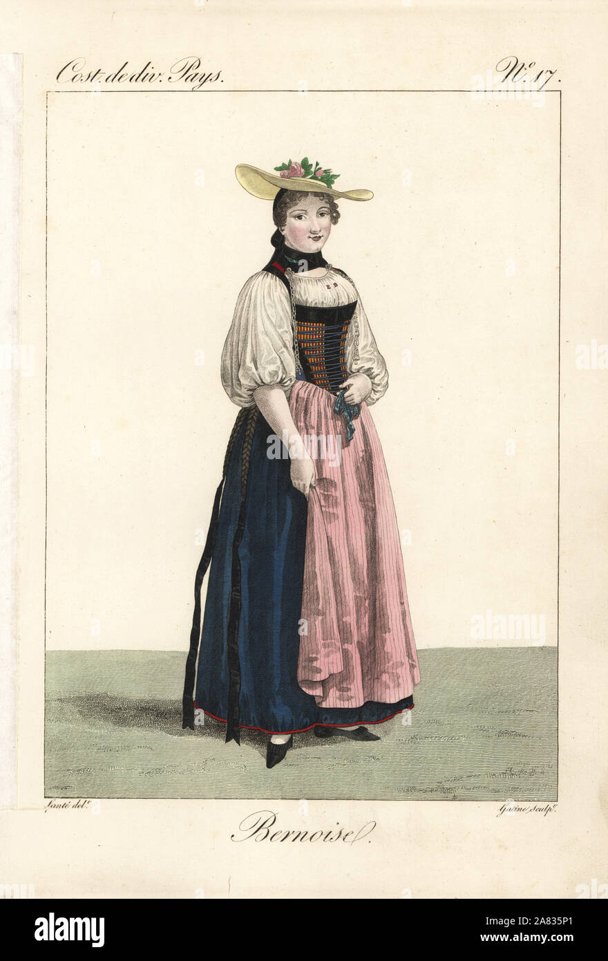Single woman of Bern in distinctive straw hat decorated with flowers, Switzerland, 19th century. Her chemise is embroidered with her initials, E.B. Her long pigtails are dressed with ribbons that reach her feet. Handcoloured copperplate engraving by Georges Jacques Gatine after an illustration by Louis Marie Lante from Costumes of Various Countries, Costumes de Divers Pays, Paris, 1827. Stock Photo