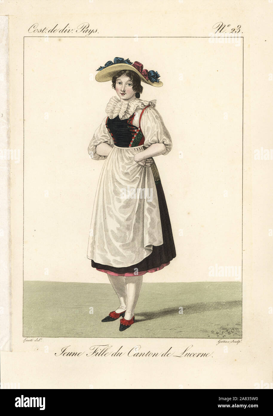 Girl of the Canton of Lucerne, Switzerland, 19th century. Her straw hat is decorated with ribbons and bows. She wears a ruff over a laced bodice, apron and short petticoats. Handcoloured copperplate engraving by Georges Jacques Gatine after an illustration by Louis Marie Lante from Costumes of Various Countries, Costumes de Divers Pays, Paris, 1827. Stock Photo