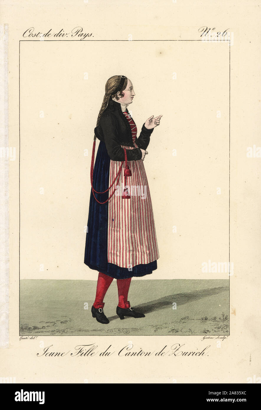 Young woman of the Canton of Zurich, Switzerland, 19th century. She wears a frogged bodice, striped apron, and long red tassels from her braided hair. Handcoloured copperplate engraving by Georges Jacques Gatine after an illustration by Louis Marie Lante from Costumes of Various Countries, Costumes de Divers Pays, Paris, 1827. Stock Photo