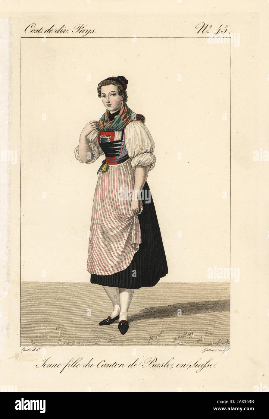 Young girl of the Canton of Basel, Switzerland, 19th century. She wears a silk tricolor cap, fichu, laced bodice, embroidered bib, apron, and petticoats. Handcoloured copperplate engraving by Georges Jacques Gatine after an illustration by Louis Marie Lante from Costumes of Various Countries, Costumes de Divers Pays, Paris, 1827. Stock Photo