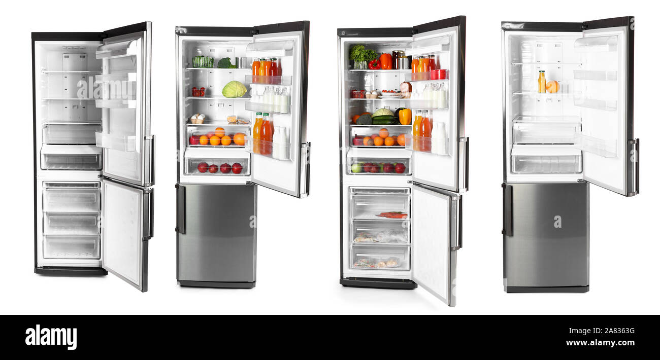 Open fridges with and without food on white background Stock Photo