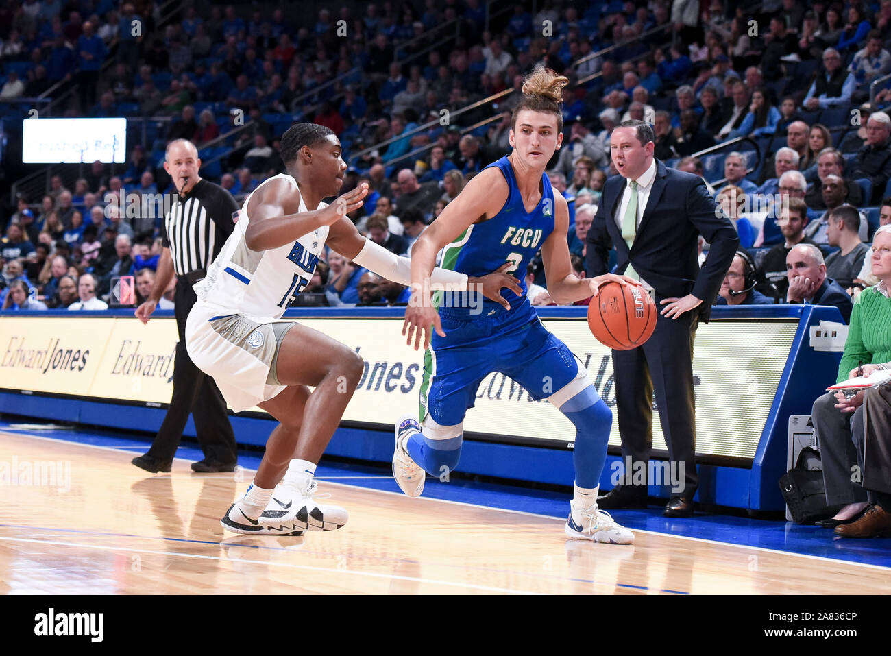 Nov 05, 2019: Florida Gulf Coast Eagles guard Caleb Catto (2) tries to get past the defense of Saint Louis Billikens guard Demarius Jacobs (15) during a regular season game where the Florida Gulf Coast Eagles visited the St. Louis Billikens. Held at Chaifetz Arena in St. Louis, MO Richard Ulreich/CSM Stock Photo