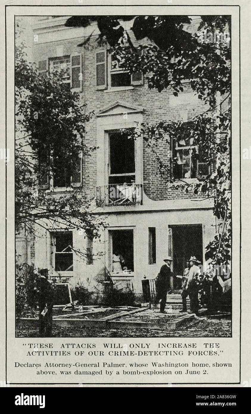 These activities will only increase the activities of our crime detecting forces, declares Attorney General Palmer, whose Washington DC home was damaged by a bomb explosion on June 2, 1919. Anarchist Bombings Stock Photo