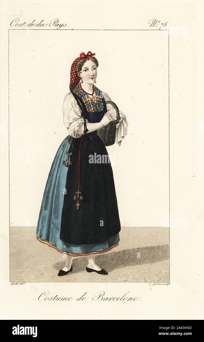 Servant woman of Barcelona, Catalonia, Spain, 19th century. She wears a redezilla, a headdress of silk net, a check fichu, chemise, petticoat and black apron. Handcoloured copperplate engraving by Georges Jacques Gatine after an illustration by Louis Marie Lante from Costumes of Various Countries, Costumes de Divers Pays, Paris, 1827. Stock Photo