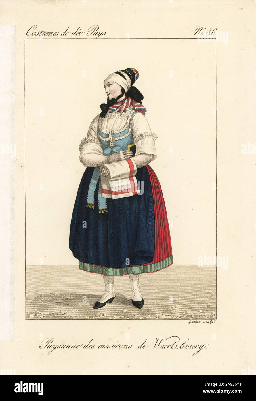 Peasant girl of the environs of Wurtzburg, Franconia, Germany, 19th century. The headband covers the elegance of the bonnet, and the fichu is bunched up around the throat. She wears an apron over pleated petticoats. Handcoloured copperplate engraving by Georges Jacques Gatine after an illustration by Louis Marie Lante from Costumes of Various Countries, Costumes de Divers Pays, Paris, 1827. Stock Photo