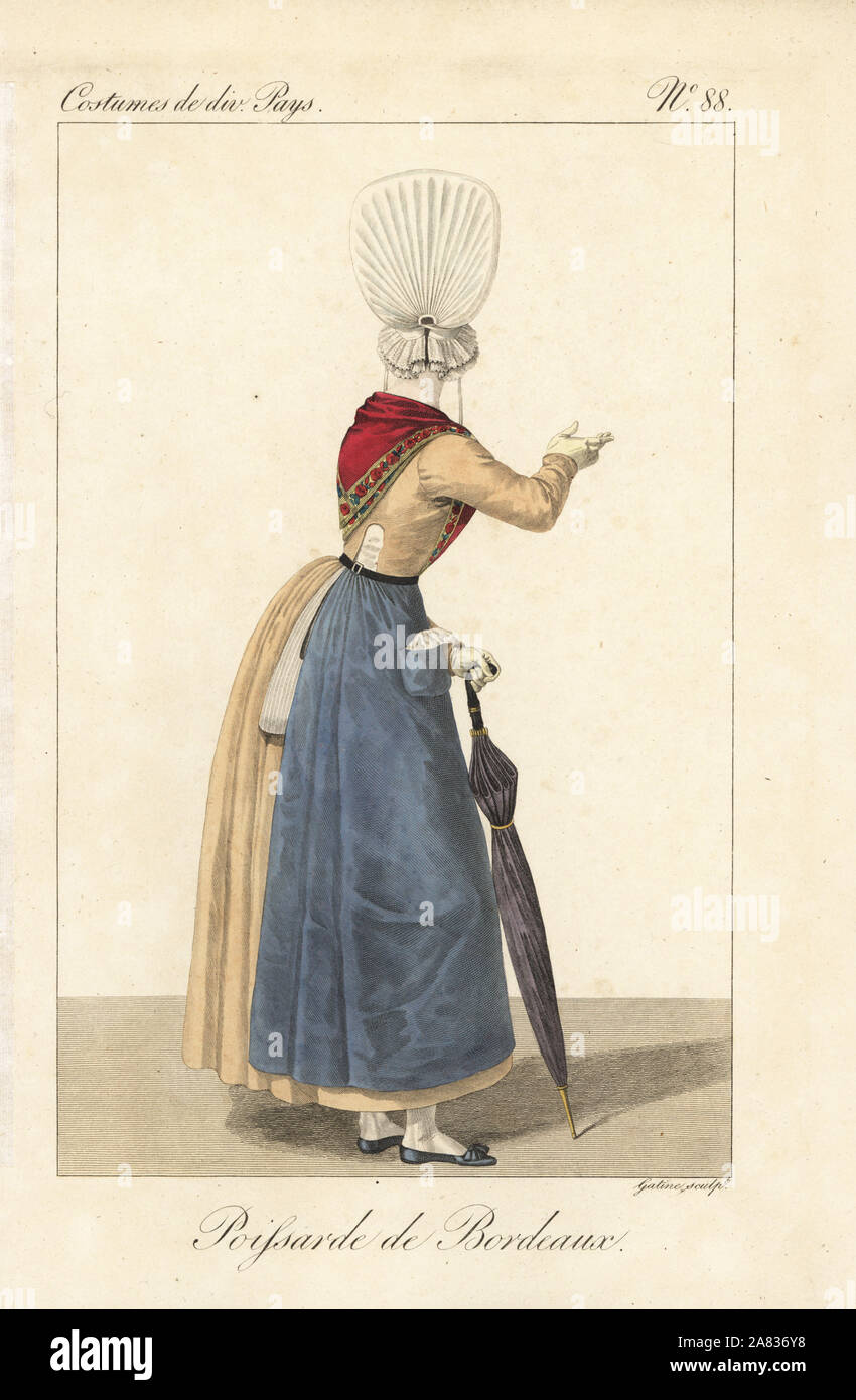 Fisherwoman of Bordeaux, France, 19th century. She wears a tall bonnet of fine organdy cotton for special occasions, bodice with openings at the waist to reveal the chemise, fichu, apron, and petticoats. Handcoloured copperplate engraving by Georges Jacques Gatine after an illustration by Louis Marie Lante from Costumes of Various Countries, Costumes de Divers Pays, Paris, 1827. Stock Photo