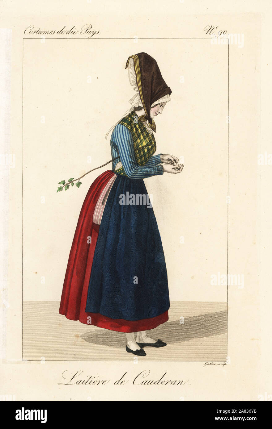 Milkmaid of Cauderan counting coins, Bordeaux, France, 19th century. She wears a tall bonnet in batiste lace covered with a Bearn fichu, check fichu, striped jacket, apron and petticoat. Handcoloured copperplate engraving by Georges Jacques Gatine after an illustration by Louis Marie Lante from Costumes of Various Countries, Costumes de Divers Pays, Paris, 1827. Stock Photo