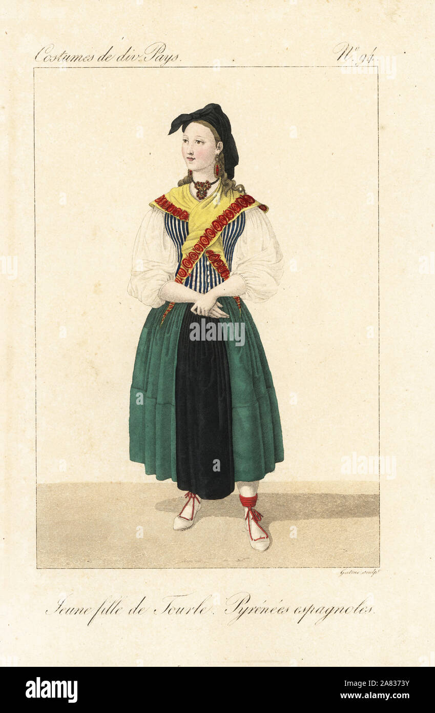 Young girl of Torla, Aragon, Spanish Pyrenees, 19th century. She wears a black bandanna, fichu, buttoned-up waistcoat, pleated apron, and sandals tied with long ribbon laces. Handcoloured copperplate engraving by Georges Jacques Gatine after an illustration by Louis Marie Lante from Costumes of Various Countries, Costumes de Divers Pays, Paris, 1827. Stock Photo