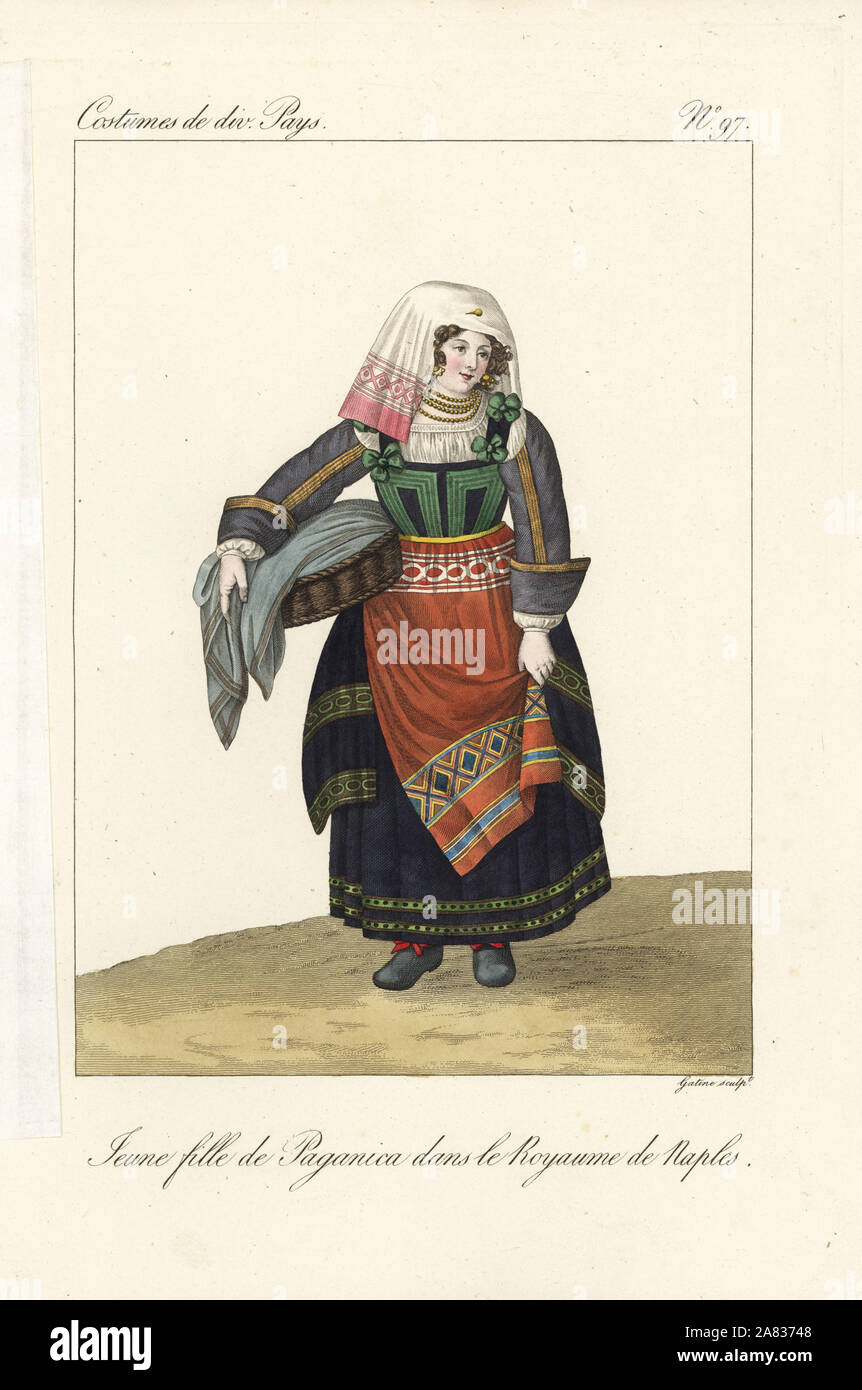 Girl of Paganica, Kingdom of Naples (now L'Aquila, Abruzzo, Italy) 19th century. She wears an embroidered kechief, jacket with gold braid, embroidered apron and petticoats decorated with ribbons. Handcoloured copperplate engraving by Georges Jacques Gatine after an illustration by Louis Marie Lante from Costumes of Various Countries, Costumes de Divers Pays, Paris, 1827. Stock Photo