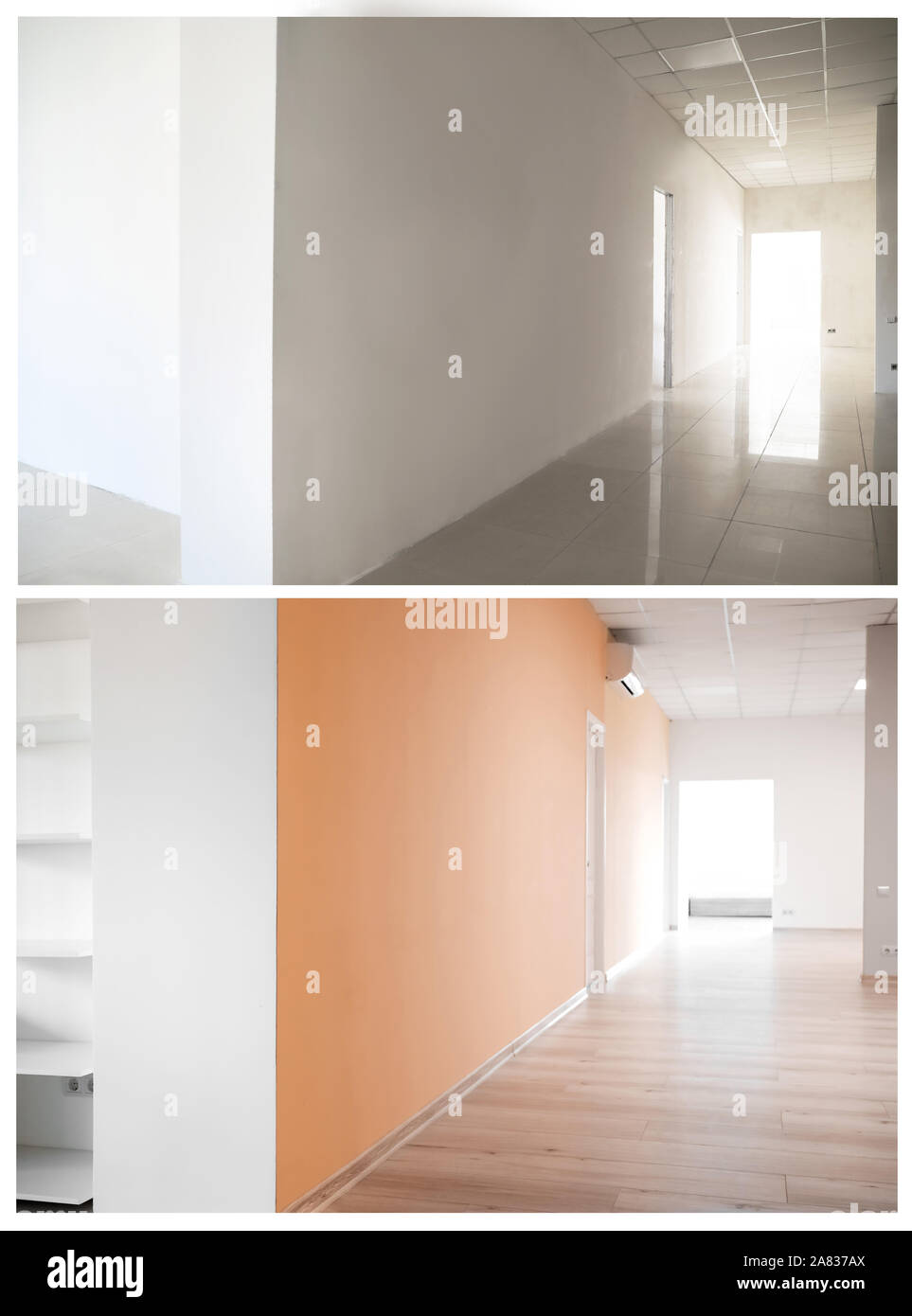 View of spacious hall before and after renovation in office Stock Photo ...