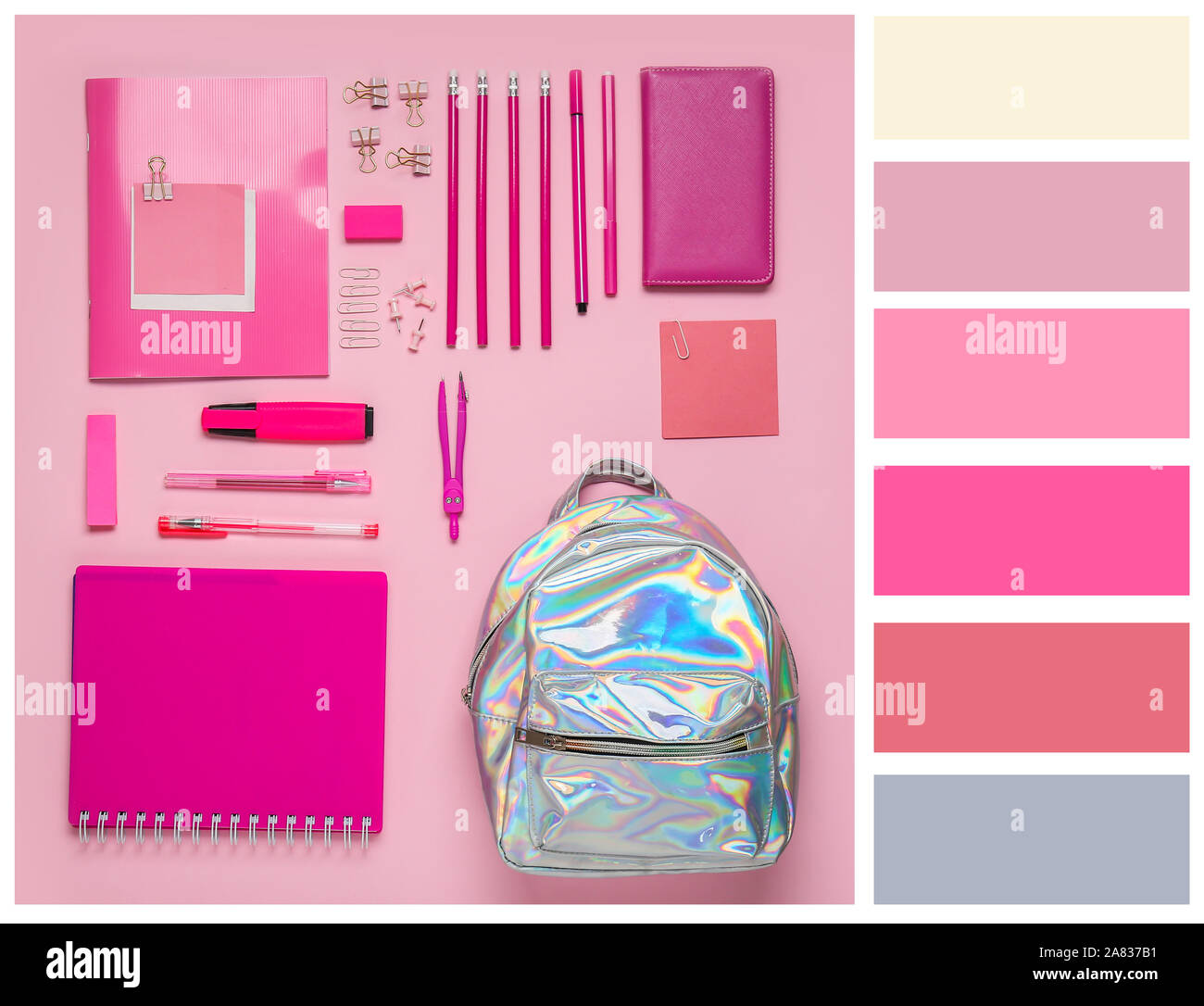 School backpack and stationery on color background. Different color patterns Stock Photo