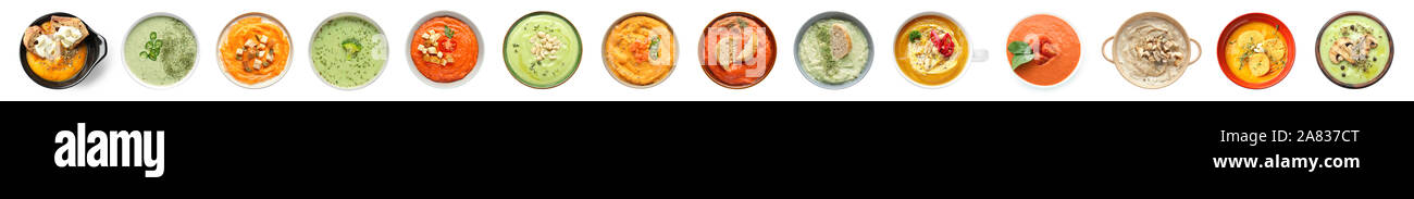 Collage with tasty cream soups in bowls on white background Stock Photo